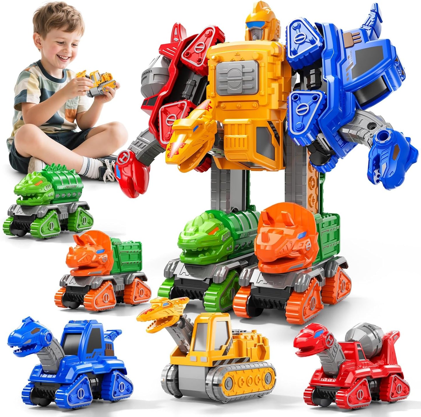 Transforming Robot Toys Set Construction Trucks, Dinosaur Vehicles 5 in 1 Transform Robot For Kids Ages 5-7, Educational STEM Building Toy Cars, Christmas Birthday Gifts for Boys 3 4 5 6 7 8 Years Old