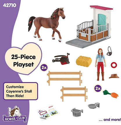Schleich Horse Club - 25PC Hannah and Cayenne Horse Toy Stall Playset with Accessories - Customizable Stable Name Tag - Realistic, Posable Rider and Pony Toys for Girls and Boys - Kids Ages 5+ - 42710