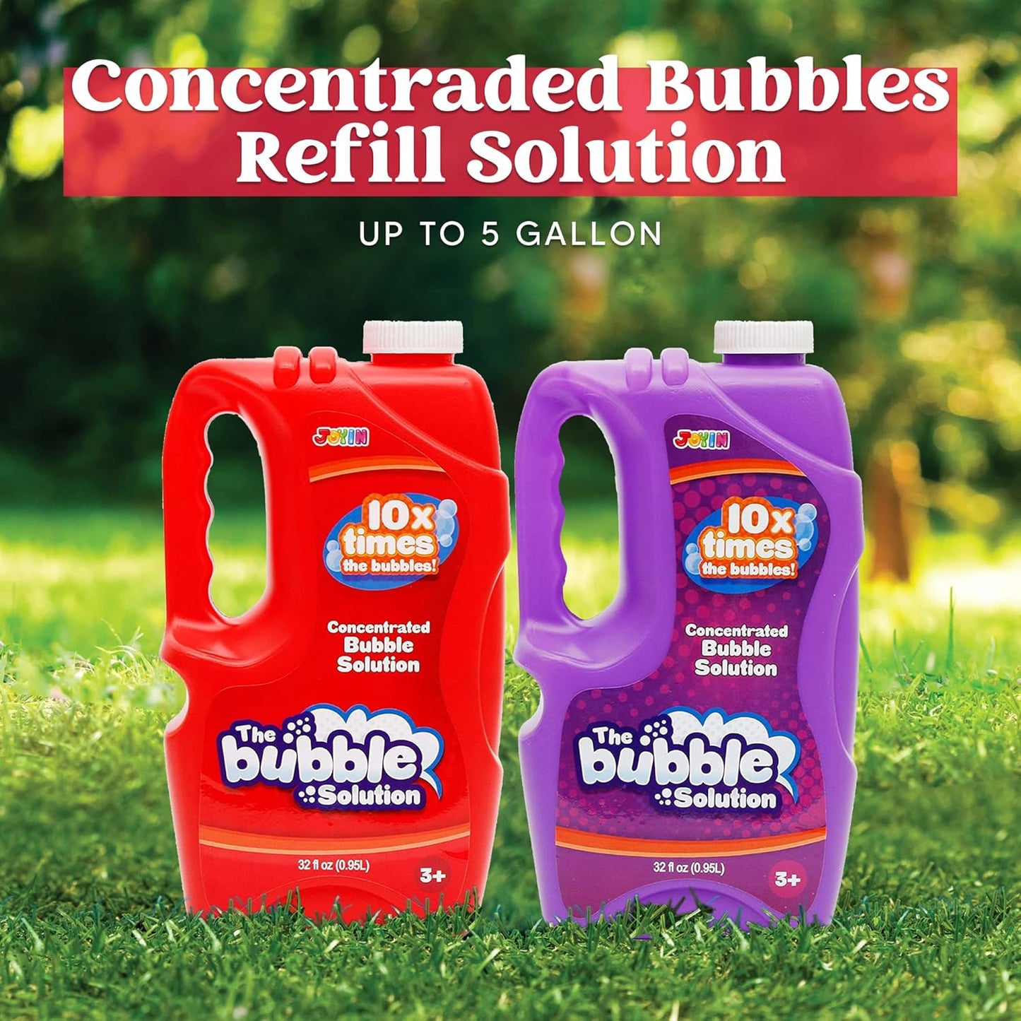 JOYIN 2 Bottles Bubbles Refill Solutions 64 oz (up to 5 Gallon), Concentrated Solution for Bubble Machine, Gun, Wand Refill Fluid Summer, Easter Toys (Red+Purple)