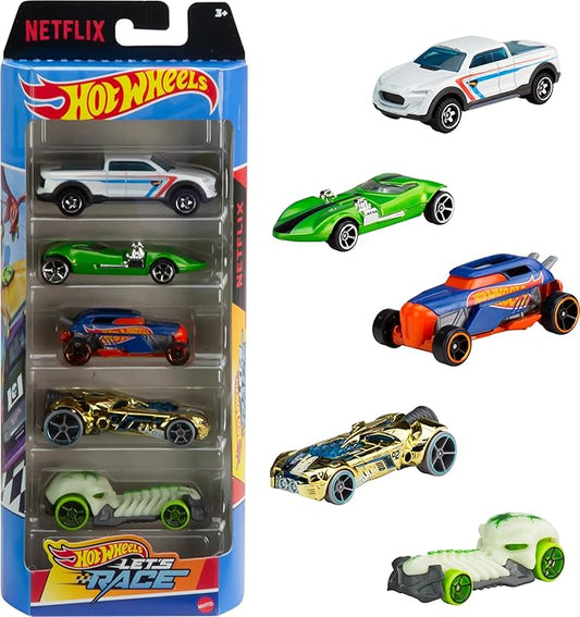 Hot Wheels Toy Cars & Trucks 5-Pack, Set of 5 Die-Cast Vehicles from The Animated Netflix Series Let’s Race!