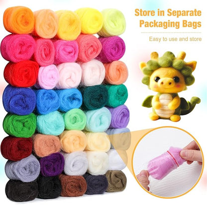 Mayboos Needle Felting Starter Kit,Wool Roving 40 Colors Set, Wool Felt Tools with Instruction Included for Felted Animal Needle Felting Supplies