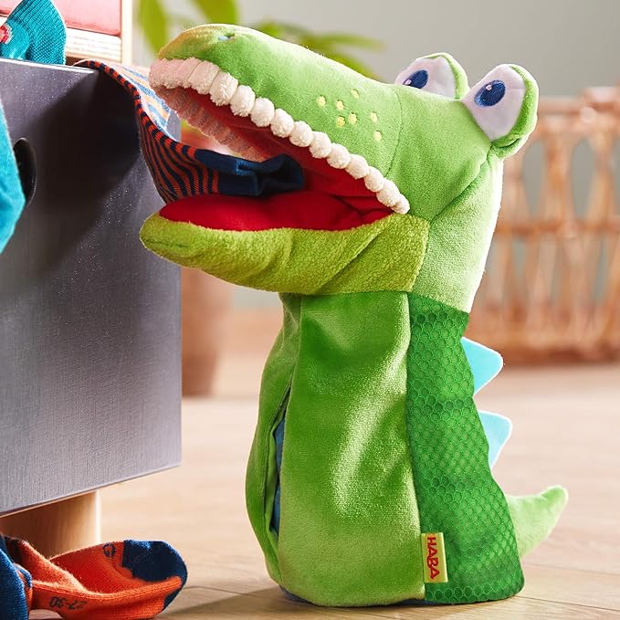 HABA Hand Puppet - Eat it Up Croco Interactive Puppet Show Toy with Belly Bag for Storytelling, Toddler Activities, Speech Therapy Toys and Pretend Play for 18 Months and up