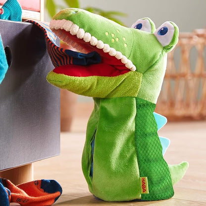 HABA Hand Puppet - Eat it Up Croco Interactive Puppet Show Toy with Belly Bag for Storytelling, Toddler Activities, Speech Therapy Toys and Pretend Play for 18 Months and up