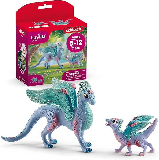 Schleich Bayala - 2 PC Flower Dragon and Baby Toy Set for Girls and Boys - Durable Fantasy Fairy Animal Figurines - Cute Pink and Blue Dragon Figures - Fun Wyvern Playset for Kids Ages 5+ - 70592