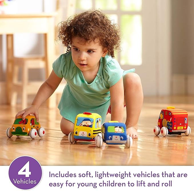 Melissa & Doug K's Kids Pull-Back Town Vehicle Set - Baby Toys Set with 4 Soft Toy Cars and Trucks, Surface Washable with Removable Wheels, Learning Toys for Babies and Toddlers