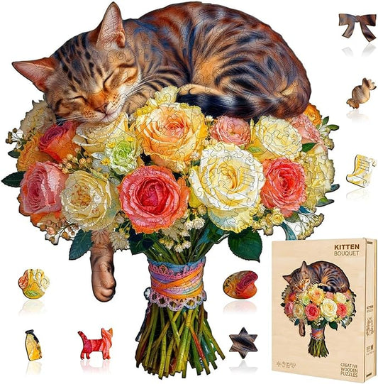 Cat Flower Bouquet Puzzles Adults Gifts Wooden 150 Pieces 11.4 * 10.3in