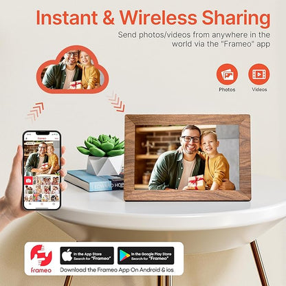 Frameo 10.1" Digital Picture Frame with 32GB Memory WiFi Electronic Photo Frame Wood 1280 x 800 IPS Touch Screen Auto-Rotate Slideshow Wall Mountable Share Photos/Video Remotely Anywhere