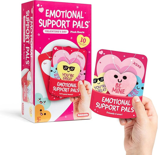 Emotional Support V-Day Heart Cards by Relatable - The Cute Classroom Valentines for Kids, Friendship Gifts, or Gifts for Girlfriend - Includes 10 Plushies with 10 Cards