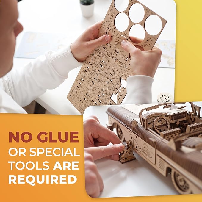 UGEARS Dream Cabriolet VM-05 Wooden 3D Puzzles for Adults - 3D Wooden Puzzles for Adults - Mechanical Model Car Kit - Retro 1950s Inspired DIY Craft, 3D Puzzle