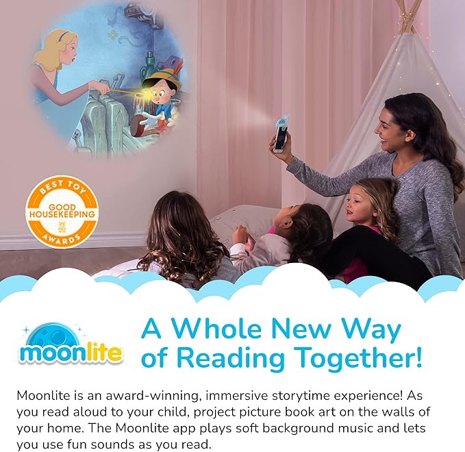 Moonlite Storytime Mini Projector with 4 Classic Disney Stories, A Magical Way to Read Together, Digital Storybooks, Fun Sound Effects, Learning Gifts for Kids Ages 1 and Up
