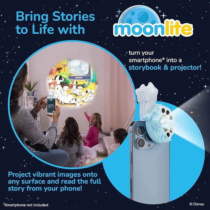 Moonlite Storytime Mini Projector with 4 Classic Disney Stories, A Magical Way to Read Together, Digital Storybooks, Fun Sound Effects, Learning Gifts for Kids Ages 1 and Up