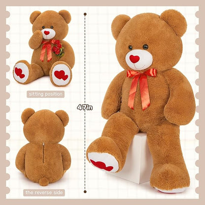 Tezituor Giant Teddy Bear Stuffed Animal 4ft with Love Red Heart - Large Plush Toys for Valentines Christmas Birthday, Dark Brown