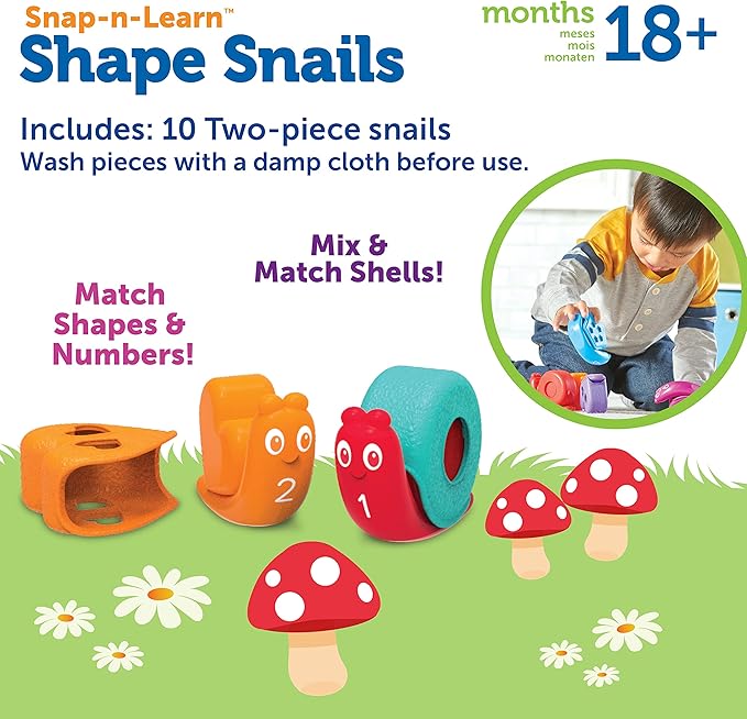 Learning Resources Snap-n-Learn Shape Snails - 20 Pieces, Age 18+ Months Toddler Learning Activities, Educational Toys, Set Color, Teaching Toys