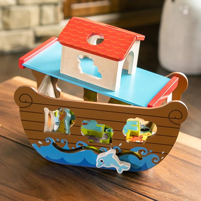 Fat Brain Toys Noah's Ark Sort & Play Set - Wooden Shape-Matching Preschool Toy