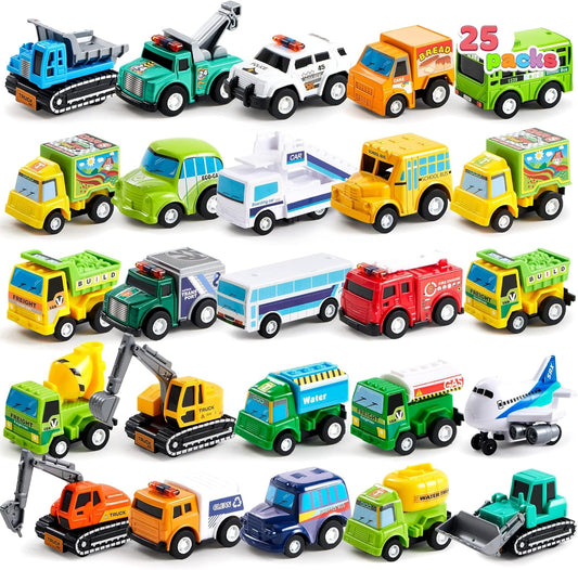 JOYIN 25 Pieces Pull Back Cars and Trucks Toy Vehicles Set for Toddlers, Girls and Boys Kids Play Set, Die-Cast Car, Party Favors, School Gifts, Goodie Bags Stuffers for Kids, Christmas Birthday Gifts