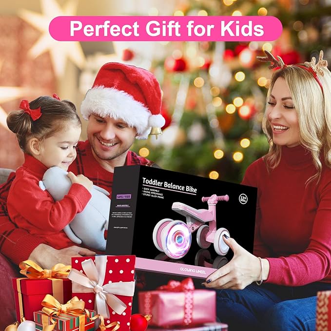 Colorful Lighting Baby Balance Bike Toys for 1 Year Old Girls Gifts, Toddler First Bike 12-24 Months with Adjustable and Cushioned Seat, 4 Quiet Wheels Ride-On Toy, Perfect First Birthday Gift