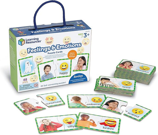 Learning Resources Feelings & Emotions Puzzle Cards, 48 Pieces, Ages 3+, Social Skills, speech therapy materials, Social Emotional Learning Toys and Games for Kids