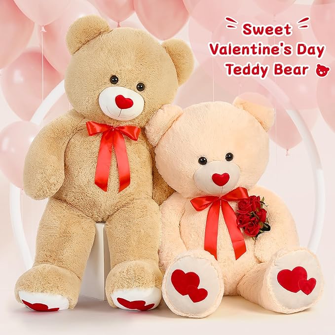 Tezituor Giant Teddy Bear Stuffed Animal 4ft - Big Teddy Bear with Love Red Heart - Large Stuffed Bear Plush Toys for Kid Christmas Birthday - Valentines Bear Gift for Girlfriend, Cream