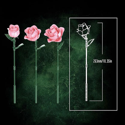 Pink Rose Bouquet Building Set, Compatible with Lego Flowers for Adults - Botanical Collection Gift for Valentines - Artificial Home Retro Decor