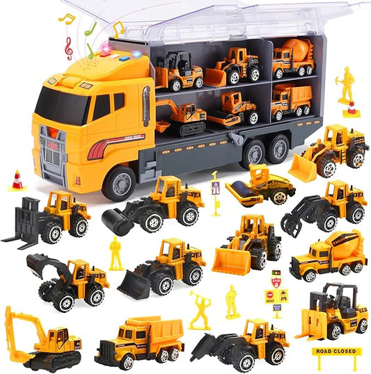 25 in 1 Construction Truck Toy Set for Kids – Push and Go Car Carrier with Lights and Sounds, 12 Diecast Mini Vehicles Included