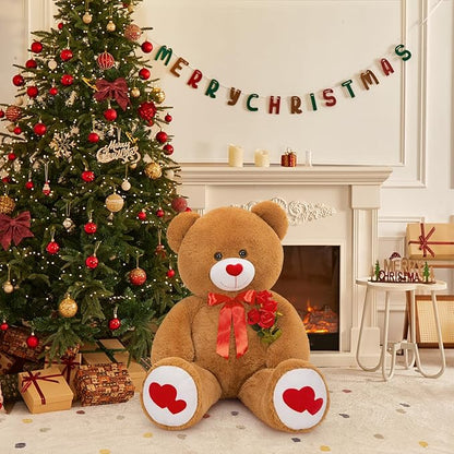 Tezituor Giant Teddy Bear Stuffed Animal 4ft with Love Red Heart - Large Plush Toys for Valentines Christmas Birthday, Dark Brown
