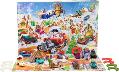 Hot Wheels Toy Cars & Playset, 2025 Advent Calendar with 10 Vehicles in 1:64 Scale, 10 Ornament Clips & 14 Winter-Themed Accessories