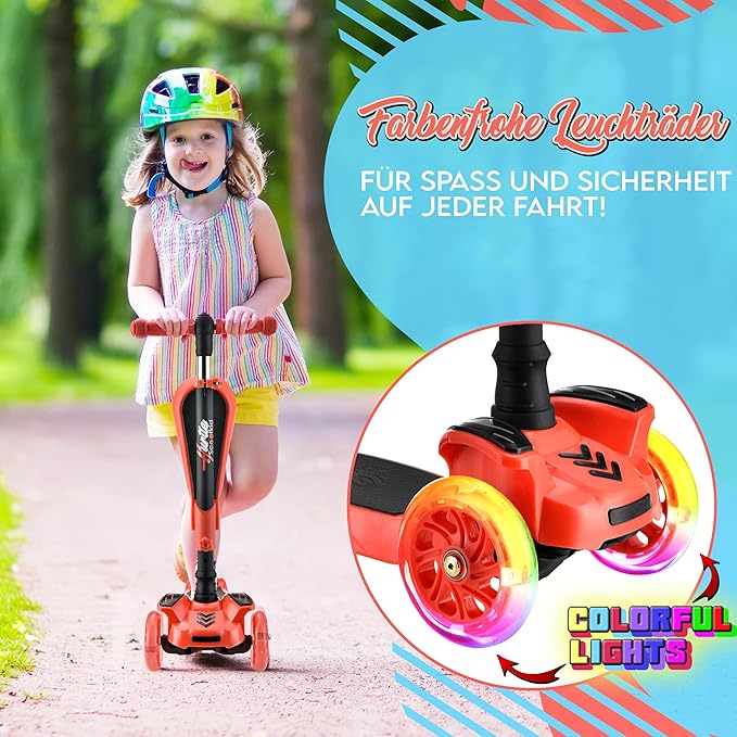 Hurtle 3-Wheeled Scooter for Kids - Wheel LED Lights, Adjustable Lean-to-Steer Handlebar, and Foldable Seat - Sit or Stand Ride with Brake for Boys and Girls Ages 1-14 Years Old