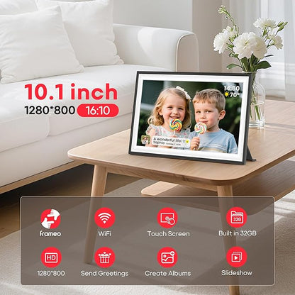 Frameo 10.1" WiFi Digital Picture Frame with 32GB Memory, 1280 x 800 IPS HD Touch Screen Electronic Photo Frame, Auto-Rotate, Slideshow, Wall Mountable, Share Photos/Video Remotely Anywhere