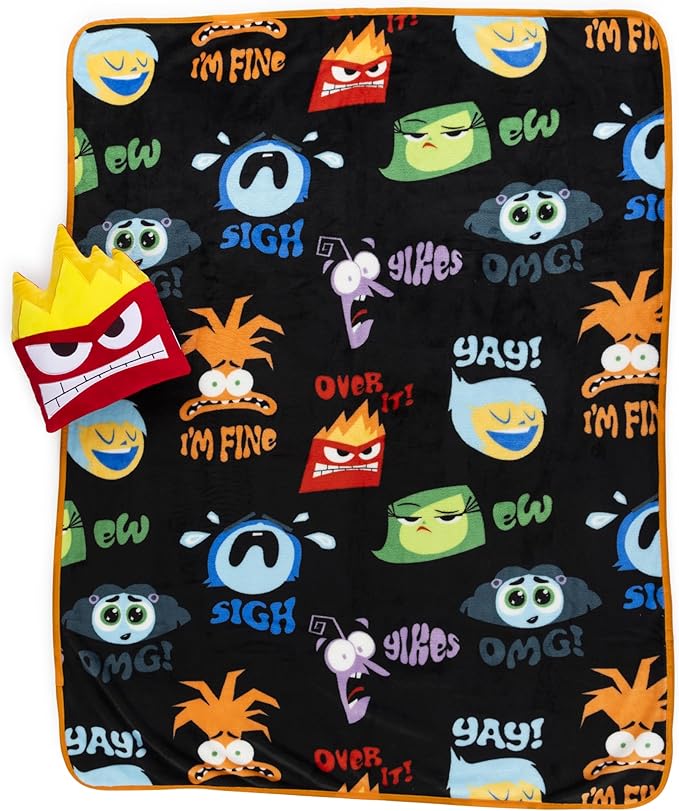 Jay Franco Disney Pixar Inside Out Anger Nogginz Set - 40 x 50 Inch Lightweight Travel Throw Blanket & Pillow - Kids Super Soft 2 Piece Bedding Set