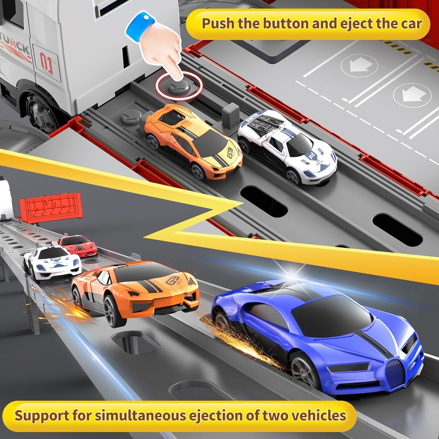 Transformable Truck & 3 Layer Race Track Playset, 62 inch Spring-Powered Track Toddlers Toys with 8 Cars & Parking Garage, Toy Trucks for Kids Ages 3-6, Birthday & Xmas Gifts for Boys Girls