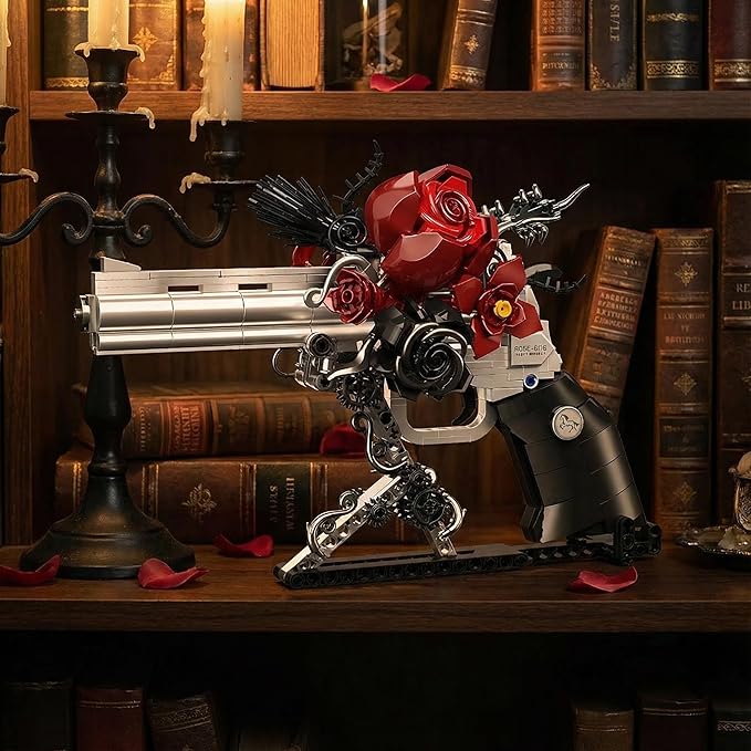Gothic Rose Mechanical Display Building Blocks Set, Black & Silver Floral Art Sculpture Model Kit, Dark Goth Romance Desk Shelf Decor, Gift for Valentine’s Day