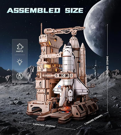 ROKR 3D Puzzles Space Shuttle Model - Dynamic Launch Base with Motorized Lift, LED Light Effects, 1:420 Scale Collectible Building Kit