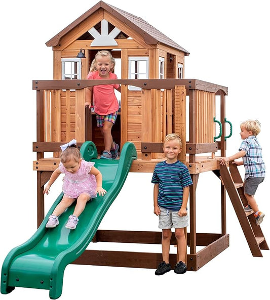 Backyard Discovery Echo Heights Elevated Cedar Wooden Kids Playhouse with Wave Slide, Play Kitchen, Wrap-Around Deck, Flat-Step Ladder, Half Door, Windows, Bell, and Growth Chart for Outdoor Play