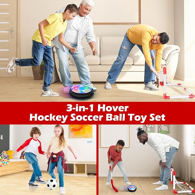 3-in-1 Hover Soccer Ball Set, Including 2 LED Hover Hockey and Soccer Ball Toys, Indoor Red & White Goals, Sports Game Toy, Soccer Gift for 4-8, 8-12 Years Old Boys