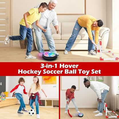 3-in-1 Hover Soccer Ball Set, Including 2 LED Hover Hockey and Soccer Ball Toys, Indoor Red & White Goals, Sports Game Toy, Soccer Gift for 4-8, 8-12 Years Old Boys