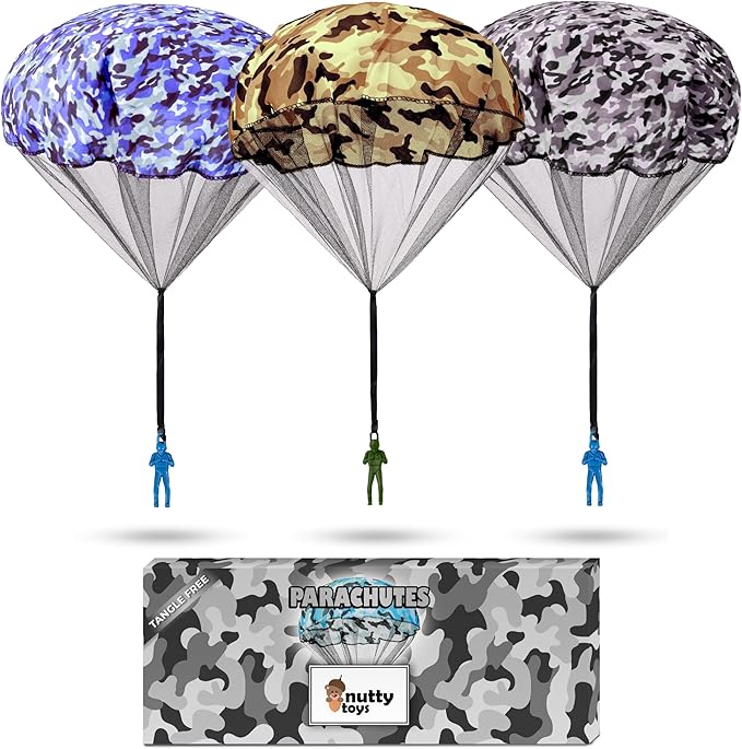 NUTTY TOYS Army Parachute Toys for Kids - Tangle Free Outdoor Flying Parachute Men, Best Small Outside Toys for 4 5 6 7 8 9 10 11 12 Year Old, Top Christmas Stocking Stuffers Idea 2025 Unique Boy Gift