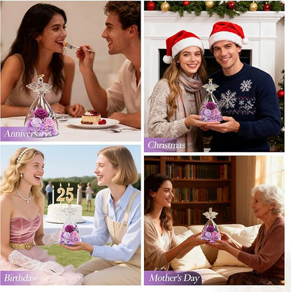 Valentines Rose Gifts for Women, 7" Purple Preserved Roses Flowers in Glass Angel Figurine, Birthday Gift for Mom Wife Grandma, Eternal Rose for Mothers Day Christmas Anniversary