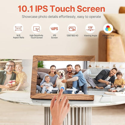 Frameo 10.1" Digital Picture Frame with 32GB Memory WiFi Electronic Photo Frame Wood 1280 x 800 IPS Touch Screen Auto-Rotate Slideshow Wall Mountable Share Photos/Video Remotely Anywhere