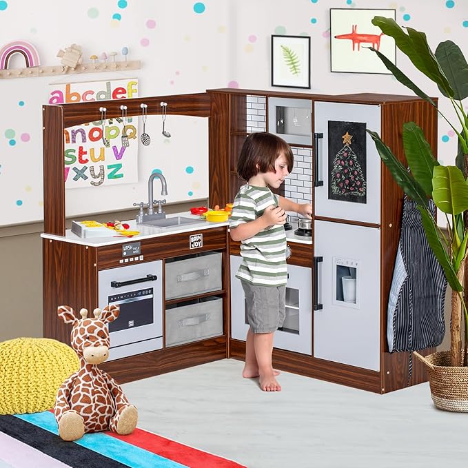 Corner Play Kitchen for Kids, Wooden Toddler Kitchen Playset w/Faucet, Sink, Microwave, Oven, Apron, Blackboard, Storage Cabinets, Pretend Cooking Toys w/Sound & Light Gift for Ages 3+
