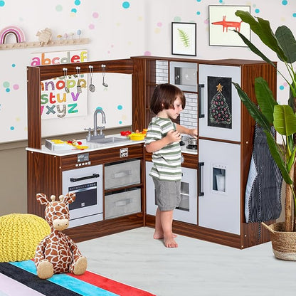 Corner Play Kitchen for Kids, Wooden Toddler Kitchen Playset w/Faucet, Sink, Microwave, Oven, Apron, Blackboard, Storage Cabinets, Pretend Cooking Toys w/Sound & Light Gift for Ages 3+