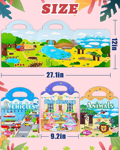Benresive Reusable Sticker Book for Toddlers 2-4 Years, 3 Sets Travel Stickers for Kids, Waterproof Sticker Books for Toddlers 1-3, Crafts Activities for Todddlers 1-3 2-4 3-5