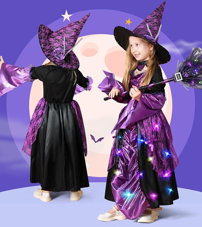 Meland Witch Costume for Girls - Light up Halloween Costumes for Kids Girl Dress up, Witch Dress for Toddler Girls Ages 3-10