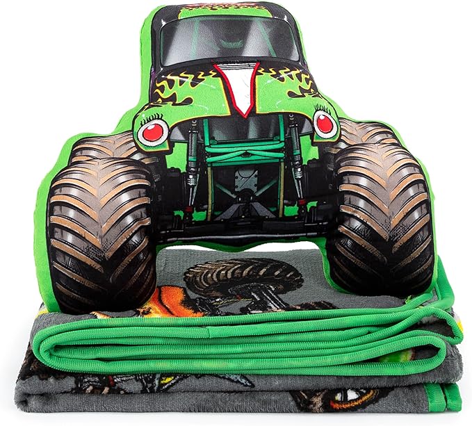 Jay Franco Monster Jam Grave Digger Nogginz Set - 40 x 50 Inch Lightweight Travel Throw Blanket & Pillow - Kids Super Soft 2 Piece Bedding Set