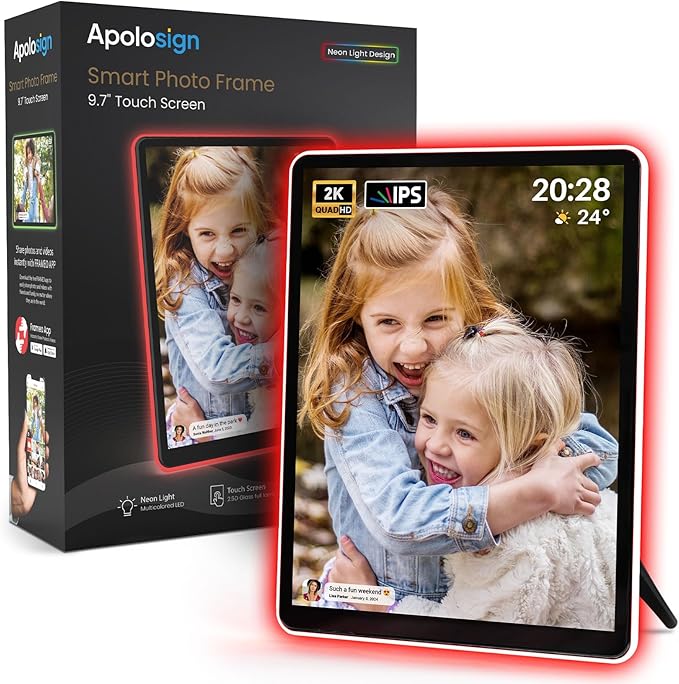 Apolosign 10" Neon Light Digital Frame, 2K Resolution, The Best Digital Picture Frame for Gifting | with 2.5D Glass IPS Touchscreen, WiFi, 32GB Storage, Warm Ambient & Auto Color Transformation LED