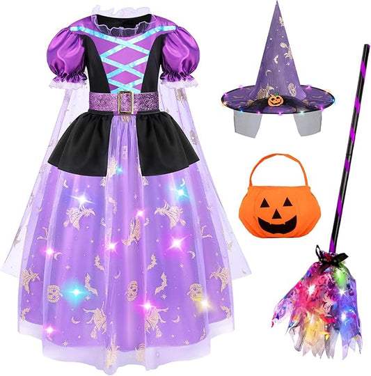Meland Witch Costume for Girls, Light Up Halloween Costumes for Kids Toddlers 3-10, Witch Dress for Girls Dress Up