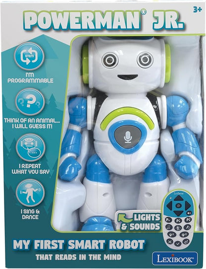 LEXiBOOK - Powerman Jr. Smart Interactive Toy Robot That Reads in The Mind Toy for Kids Dancing Plays Music Animal Quiz STEM Programmable Remote Control Boy Robot Junior Green/Blue - ROB20EN