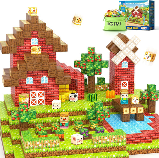 1" Magnetic Blocks - Build Mine Magnet World Farm Animals Set, 100PCS Vibrant Colorful Magnetic Blocks with Ultra Magnet Strength for Kids Ages 3-12, STEM Toys Ideal Gifts for 3+ Years Old Boys Girls
