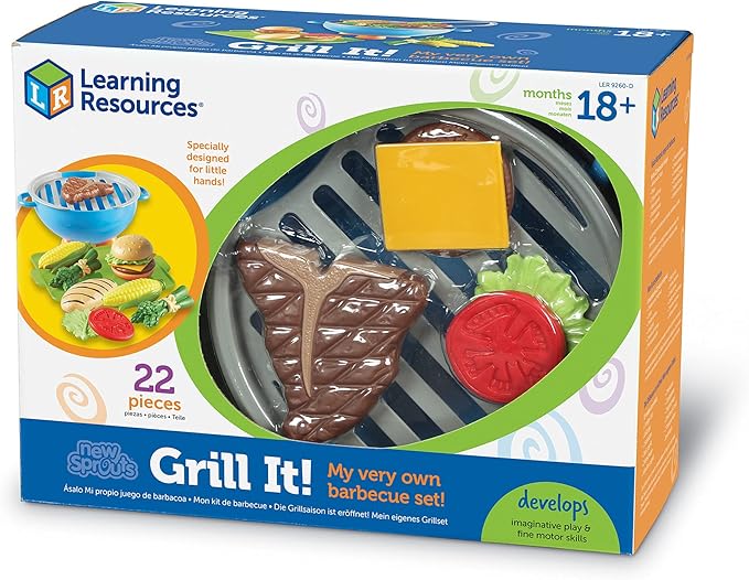 Learning Resources New Sprouts Grill It! Barbecue Set - Play Food for Kids, Kitchen Toys Accessories, Imaginative Play, Fine Motor Skills, Interactive Toddler Activities, Gifts for Boys and Girls