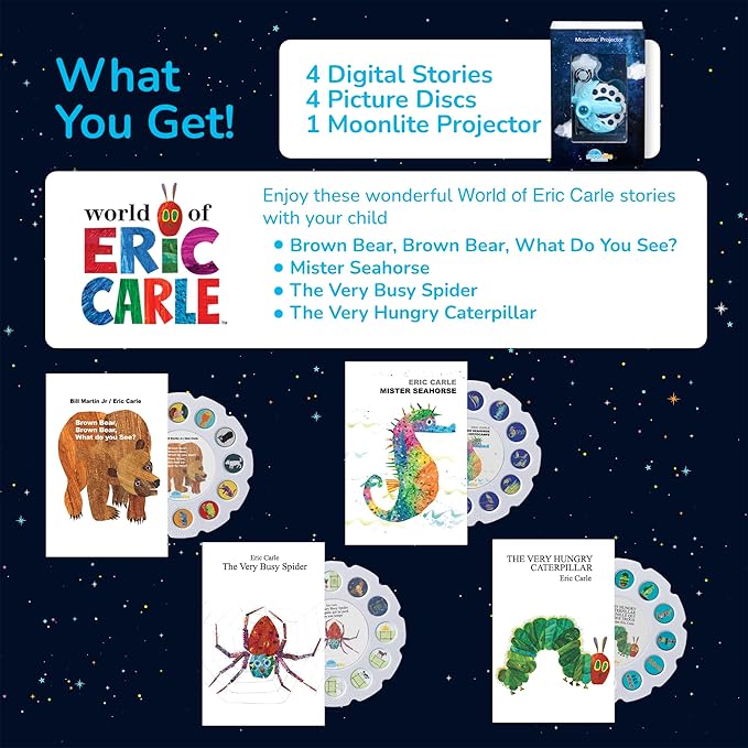 Moonlite Storytime Mini Projector with 4 Eric Carle Stories, A Magical Way to Read Together, Digital Storybooks, Fun Sound Effects, Early Sensory Learning, Gifts for Kids Ages 1 and Up