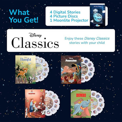 Moonlite Storytime Mini Projector with 4 Classic Disney Stories, A Magical Way to Read Together, Digital Storybooks, Fun Sound Effects, Learning Gifts for Kids Ages 1 and Up